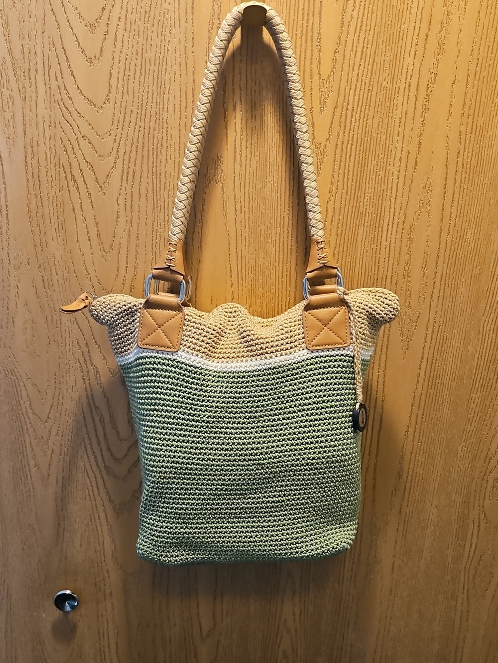 Thr Sak Handwoven Green and Cream Shoulder Tote Bag